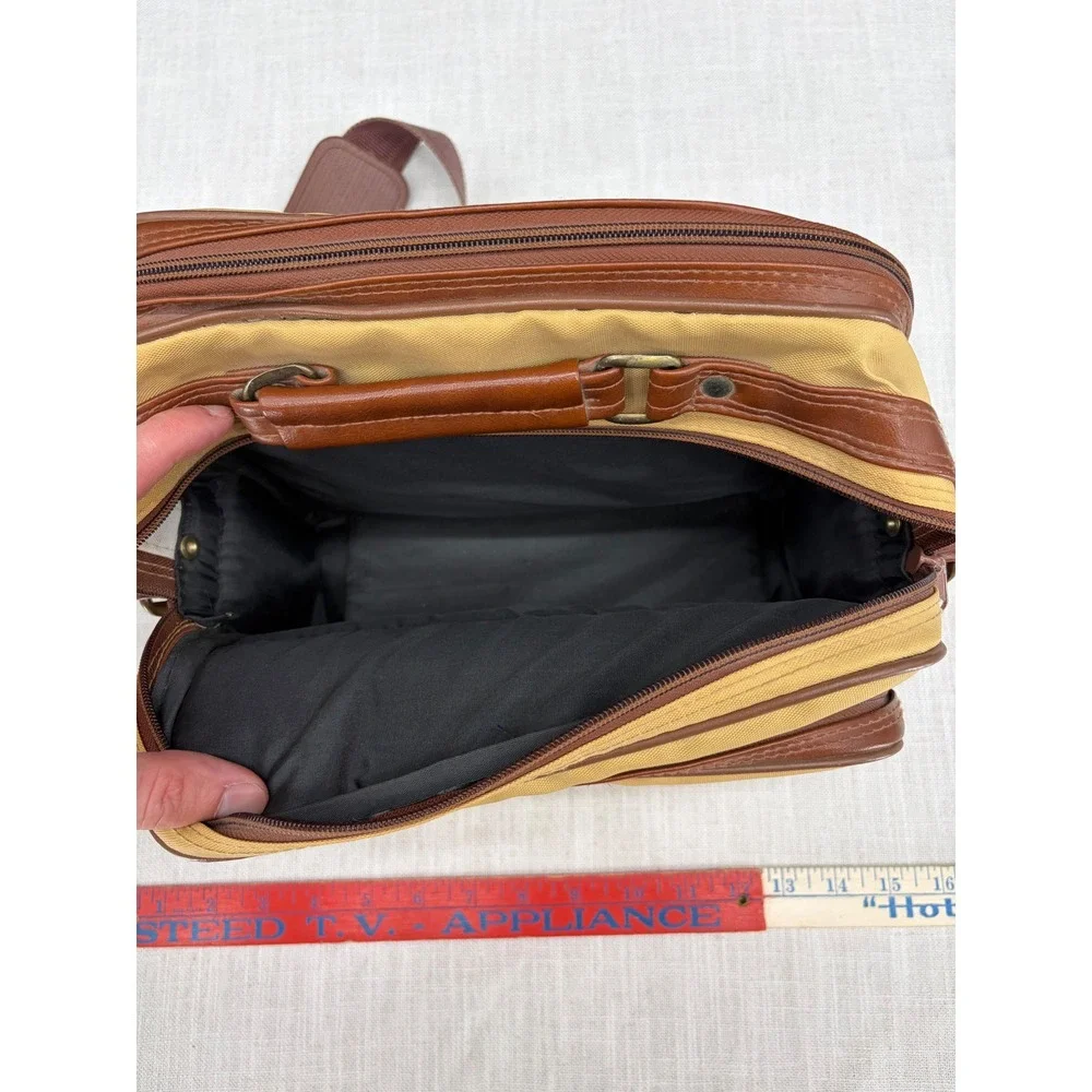 Canon Vintage Camera Bag Tan Brown Shoulder Strap Multi-Pocket Case
